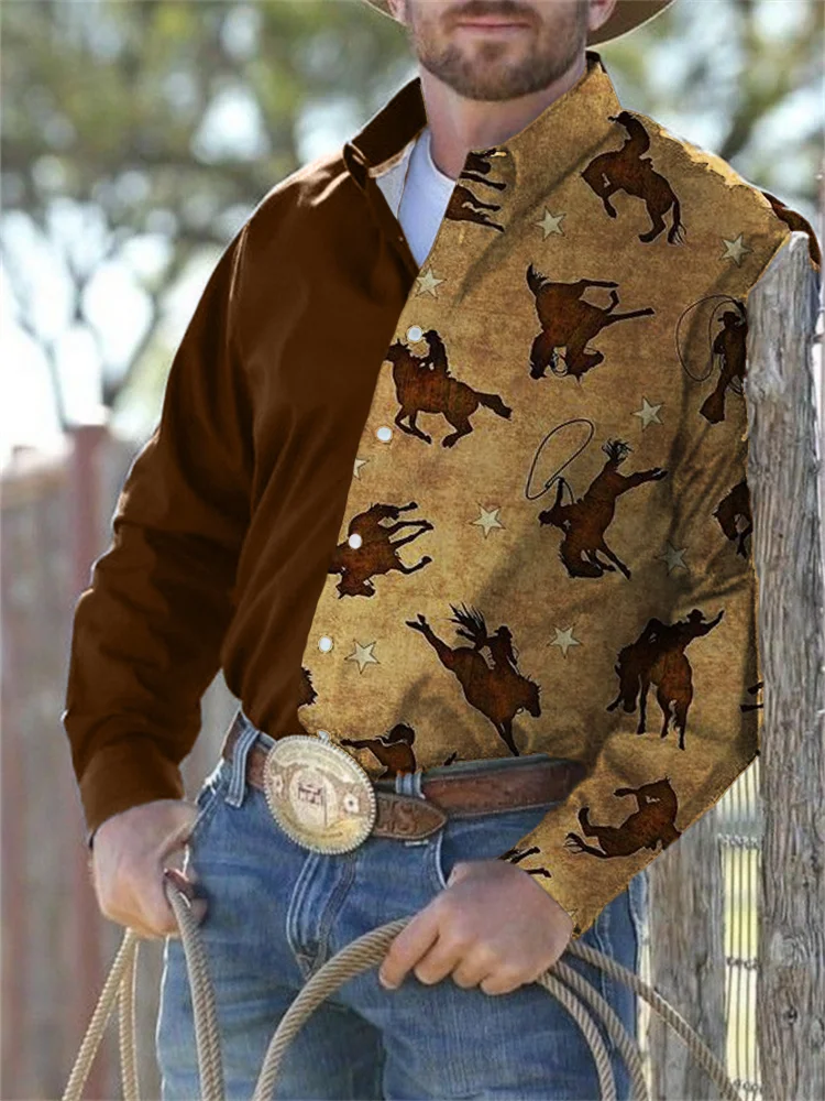 Western Cowboy Rider Colorblock Casual Shirt