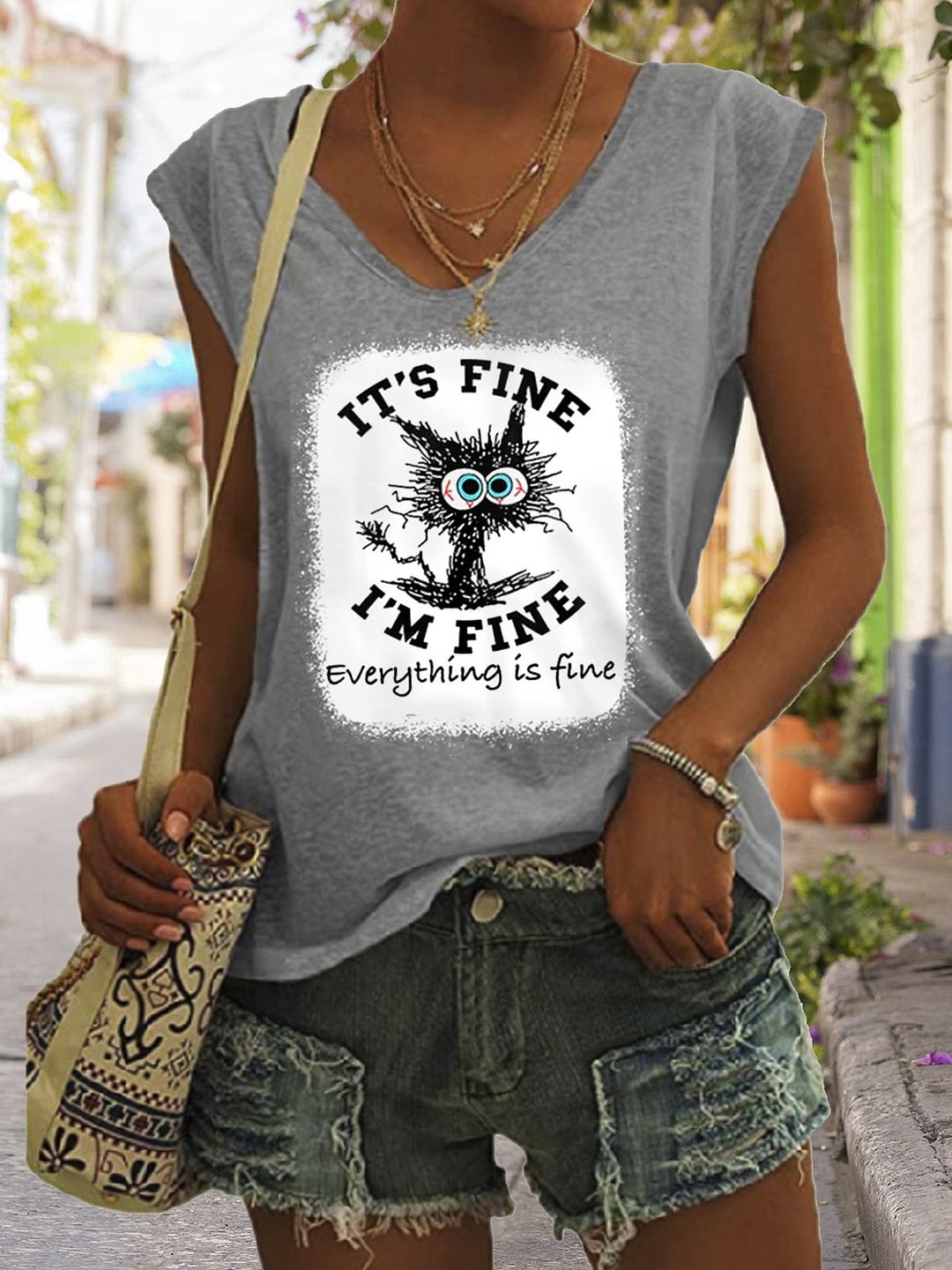 Lilyadress Women's It's Fine I'm Fine Everything Is Fine Funny Cat V-Neck Sleeveless Tee