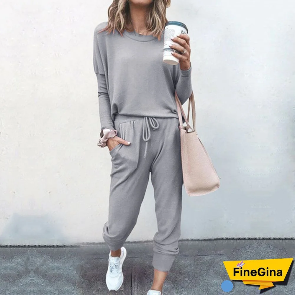 Women's Fashion Women's Solid 2 Piece Set Jogging Suit Casual Pullover Tracksuit Sportswear Long Pants Sweatshirts Outfits Jogging Sets