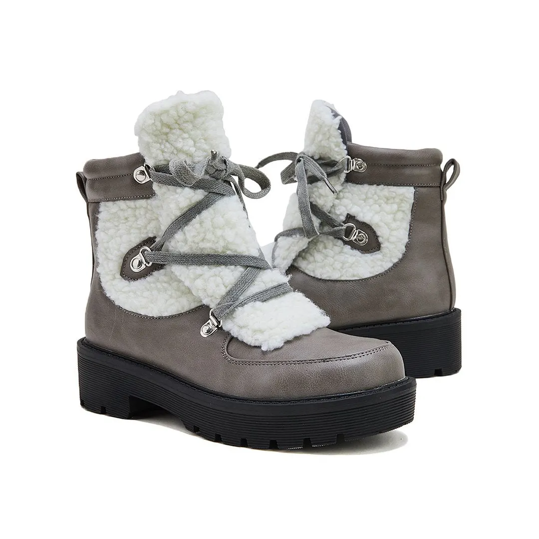 Women Faux Shearling Stiching Lace Up Snow Boots