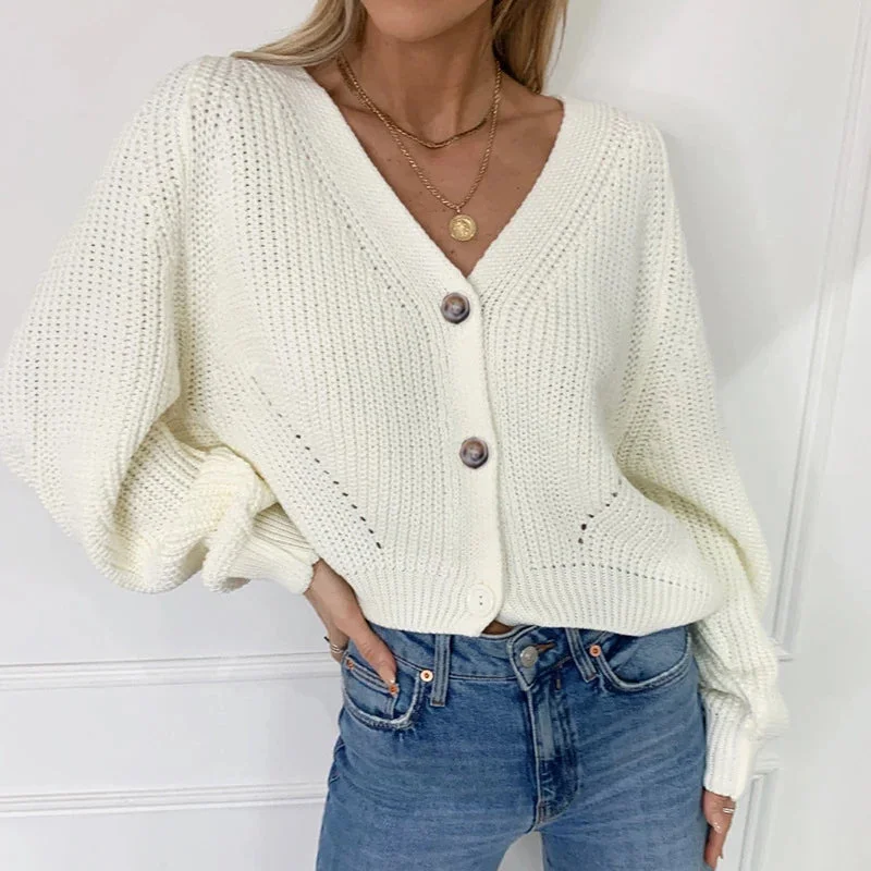 Oocharger Sexy V Neck Women Cardigans Sweater Autumn Lantern Long Sleeve Knitted Solid Oversize Knitwear Loose Winter Tops