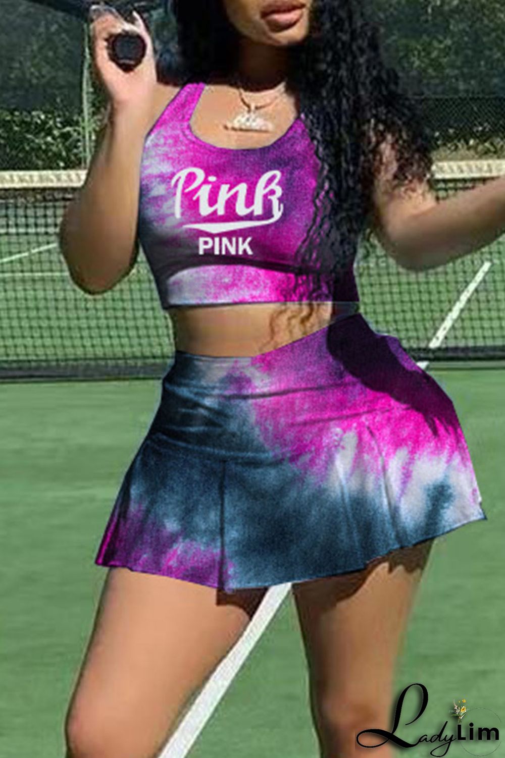 Purplish Blue Sexy Print Patchwork U Neck Sleeveless Two Pieces