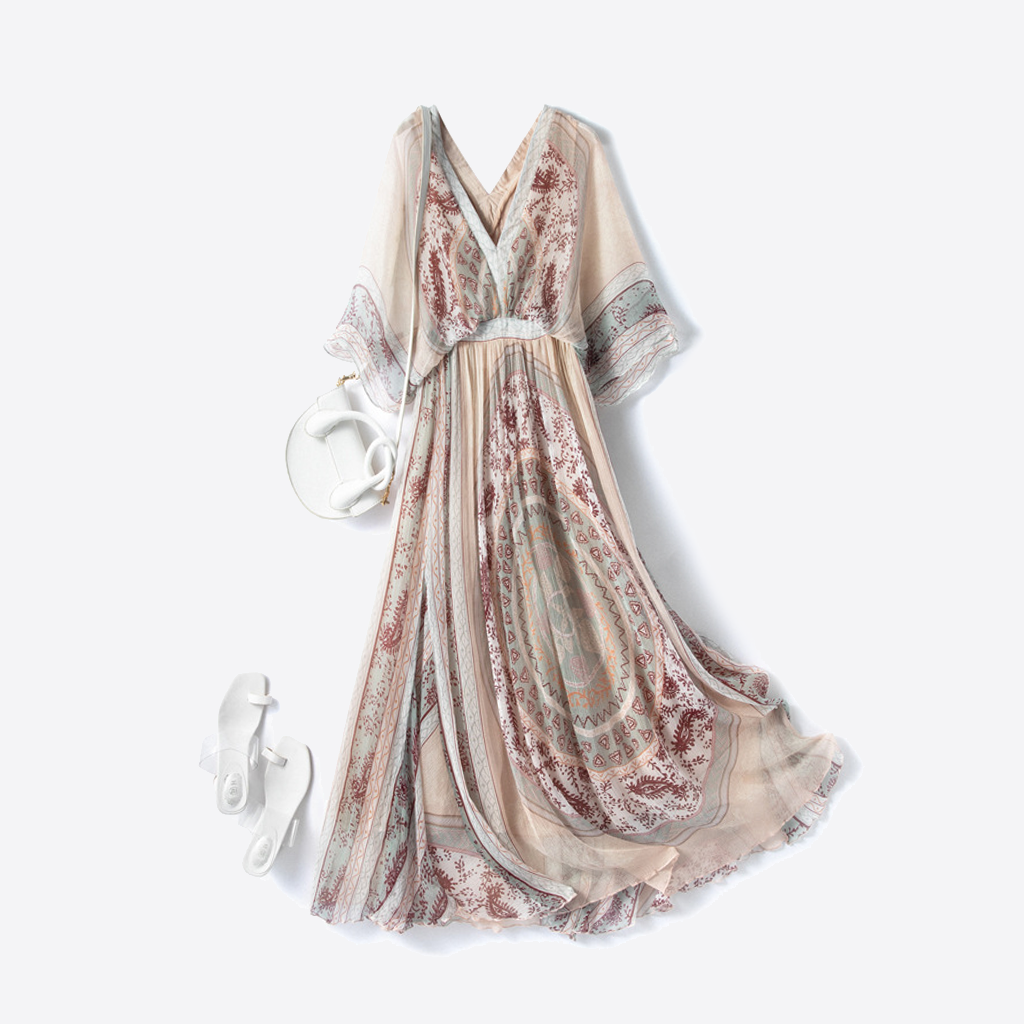 100 Silk V-Neck Dress Print For Vacation REAL SILK LIFE