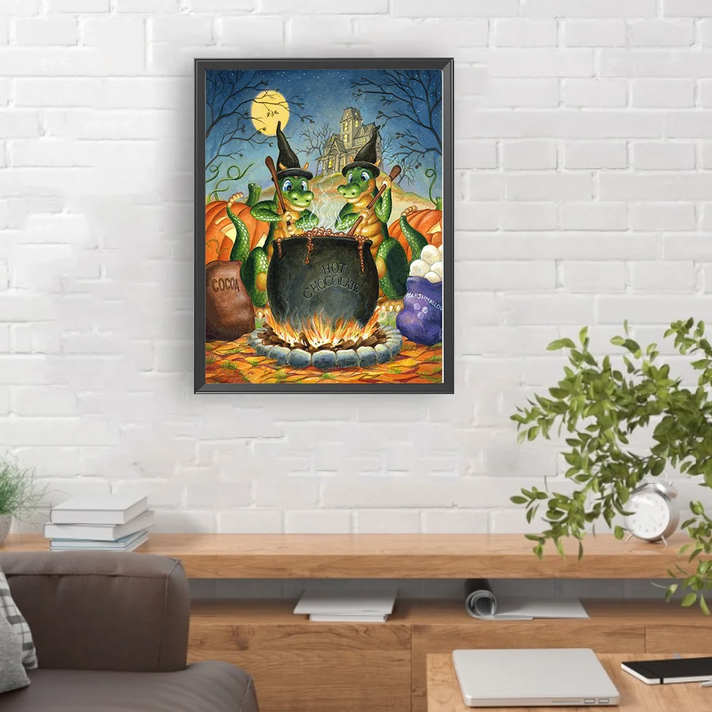 Full Round Diamond Painting 30*40cm - Green Dinosaur Cooking Soup