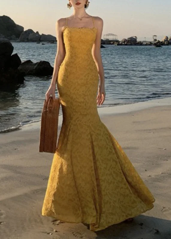 French Yellow Print Maxi Spaghetti Strap Fishtail Dress Sleeveless