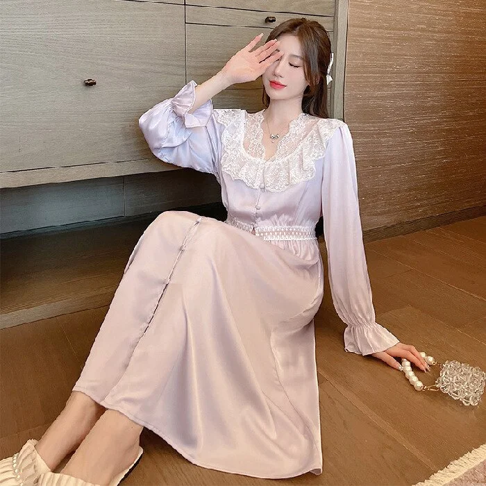 Women's Sleepwear Elegant  Lace Long Nightgown Palace Style Princess Nightdress Spring Summer Satin Home Dress Lounge Wear
