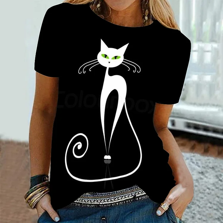 Vefave Casual Fun Cat Print Short Sleeve T-Shirt