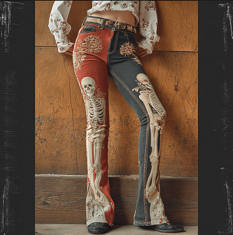 Halloween Theme Skull Bone Pattern Women's Skinny Jeans