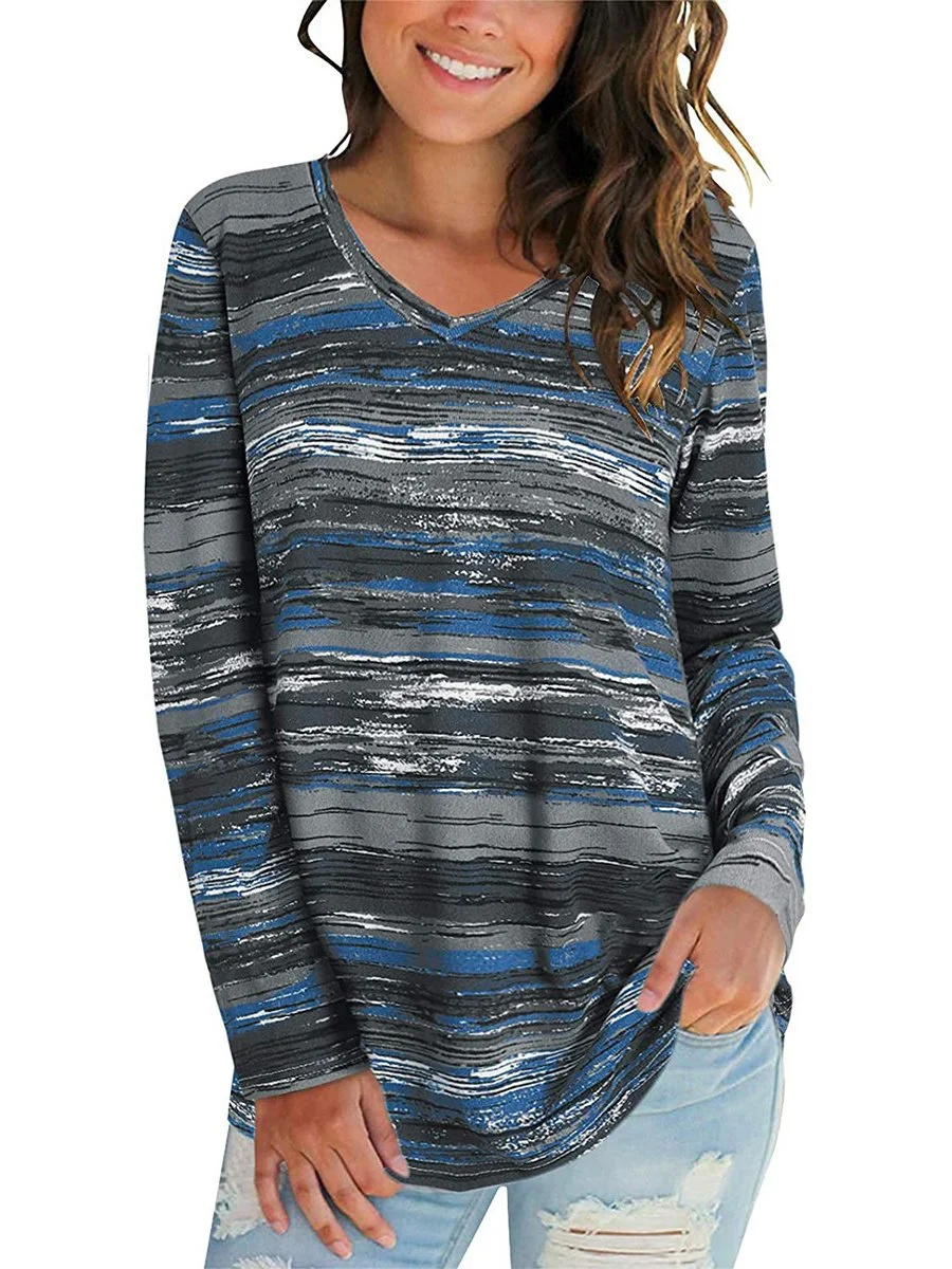 Women's Long Sleeve V-neck Striped Printed Top