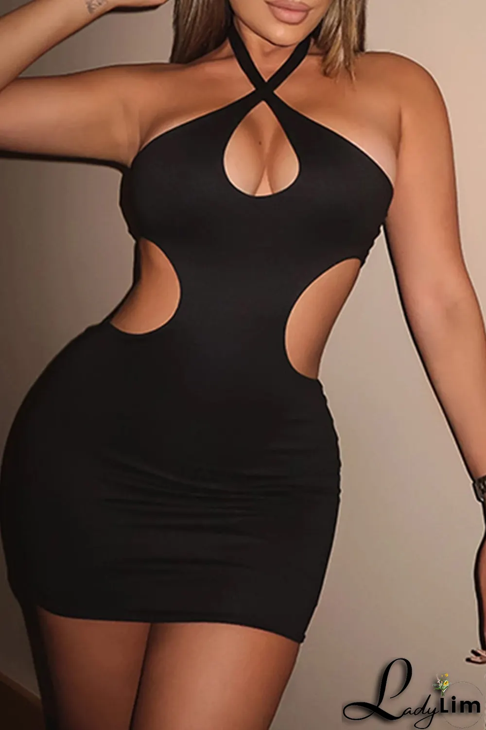 Brownness Sexy Solid Split Joint Halter Pencil Skirt Dresses