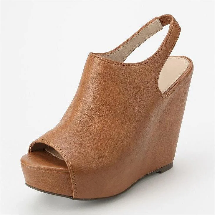 Women's Tan Slingback Shoes Peep Toe Platform Wedge Heels |FSJ Shoes