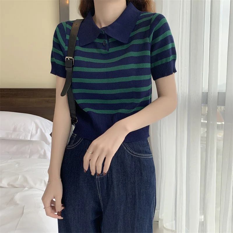 Uveng Uveng T-Shirt Design Sense Of Summer Korean Chic Hong Kong Chic Straight Shoulder-Repair Striped Knitting Top In Tide