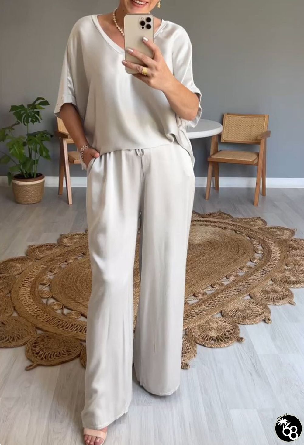 Fashion Solid Color Mercerized V-neck Casual Suit | 168DEAL