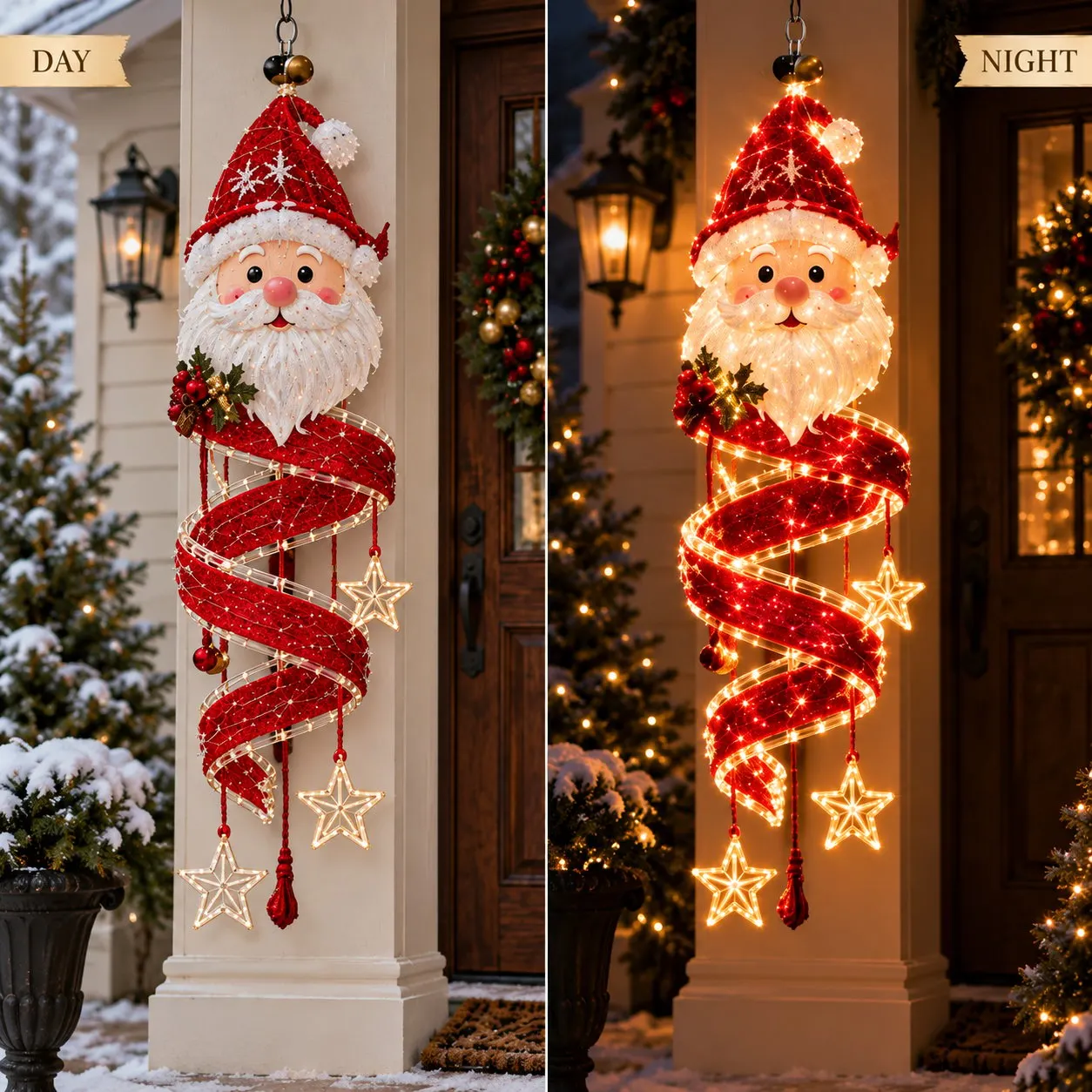 Santa Spiral hanging light shown during the day and glowing at night