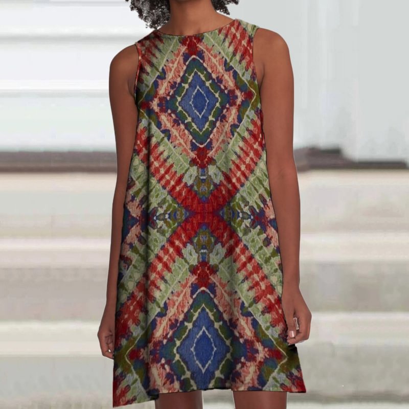 Tribal Retro Diamond Pattern Print Mini Dress