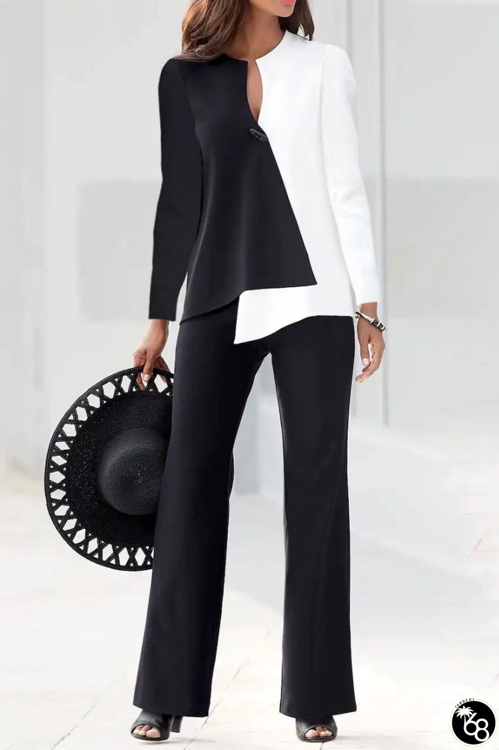 Casual Patchwork Contrast V Neck Long Sleeve Two Pieces | 168DEAL