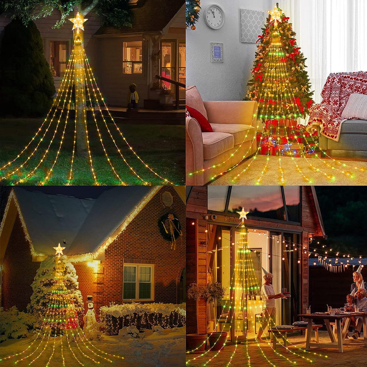 Tegooe Solar Christmas Tree Waterfall Star String Lights - 8 Modes Outdoor Decoration