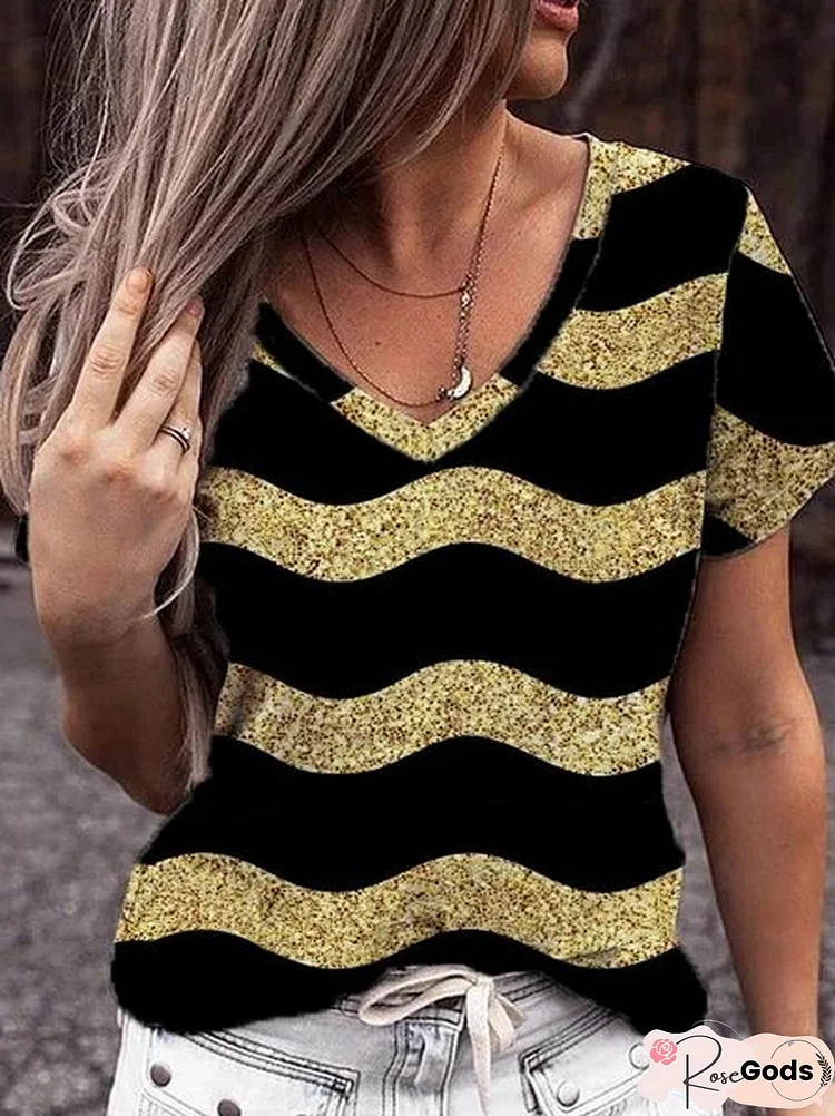 V Neck Striped Loosen T-Shirt