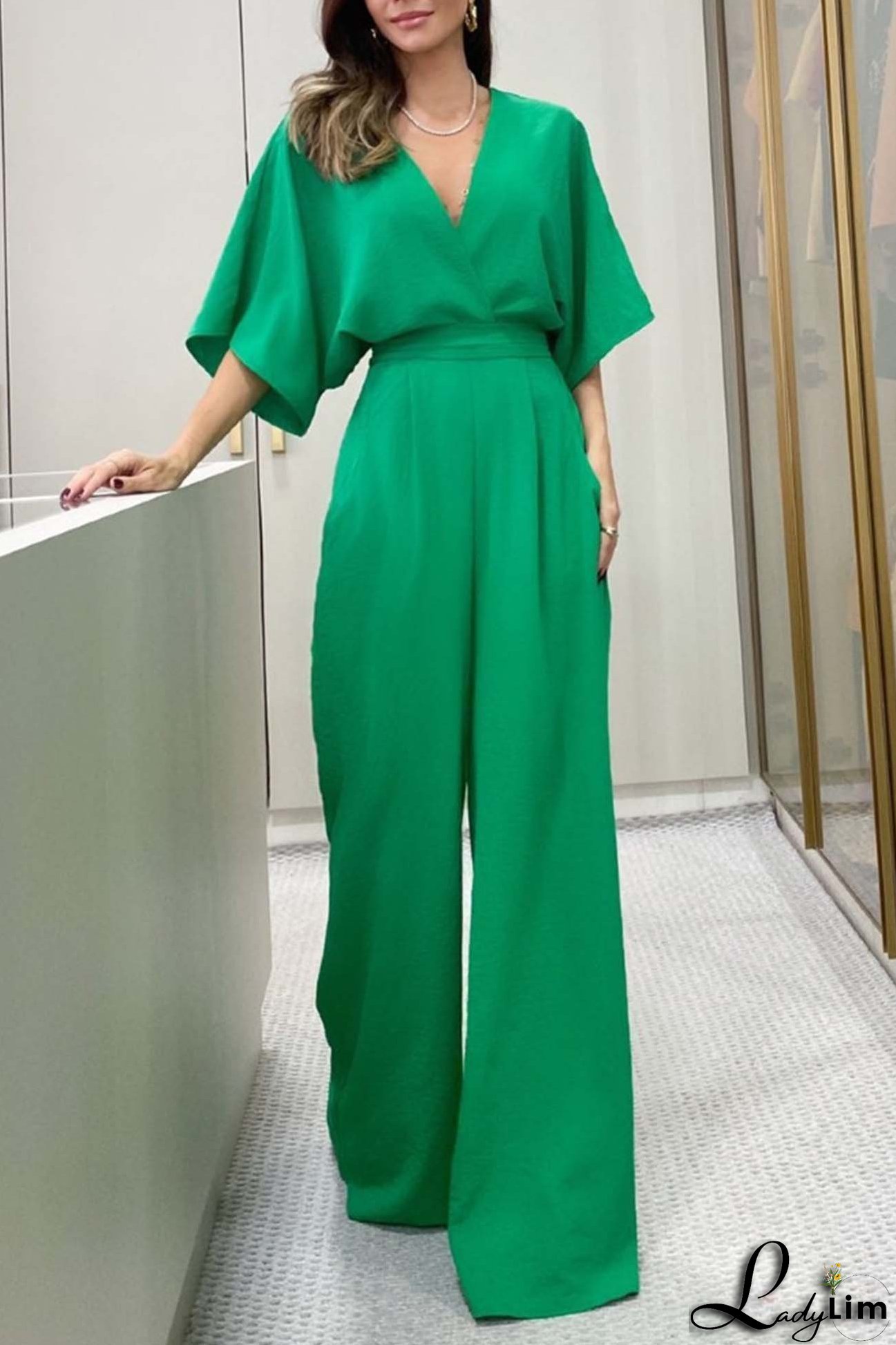 V Neck Batwing Sleeve Back Tie Jumpsuits