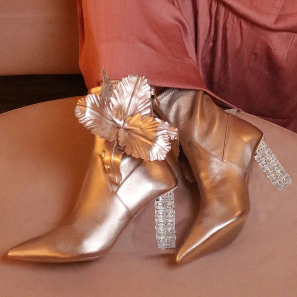 Golden Patent Leather Boots Pointed Toe Flower Decor Decorative Heel Ankle Boots Nicepairs