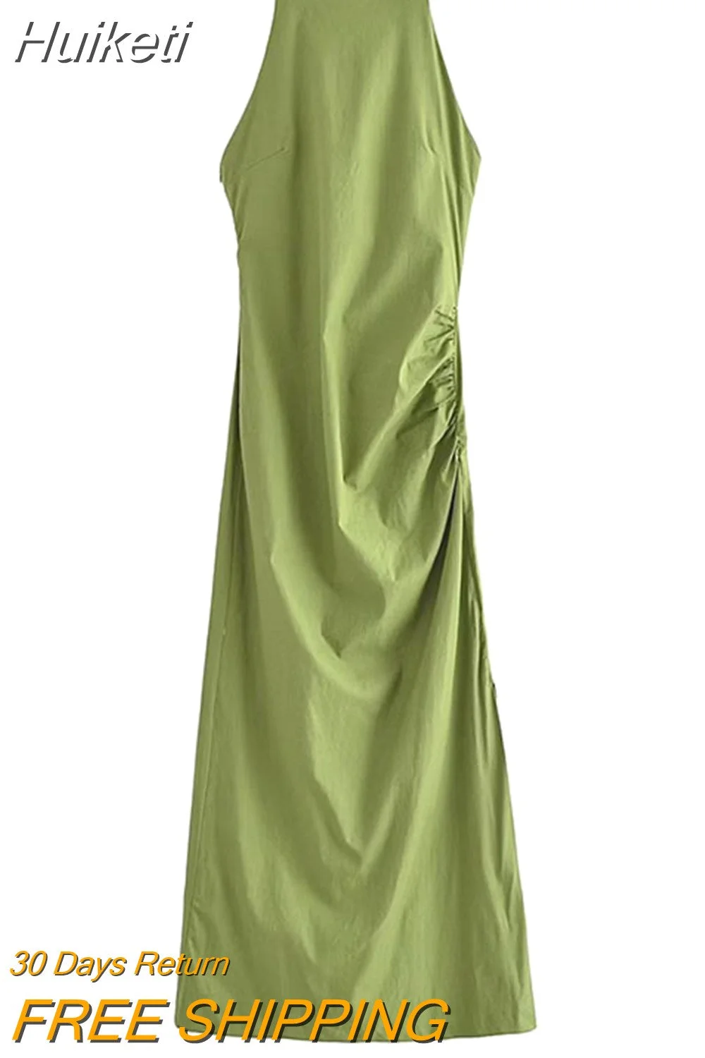 Huiketi Women's Fashion Summer Sexy Sheath Dresses Green O-Neck Backless Sleeveless Zipper Female Elegant Vintage Long Dress