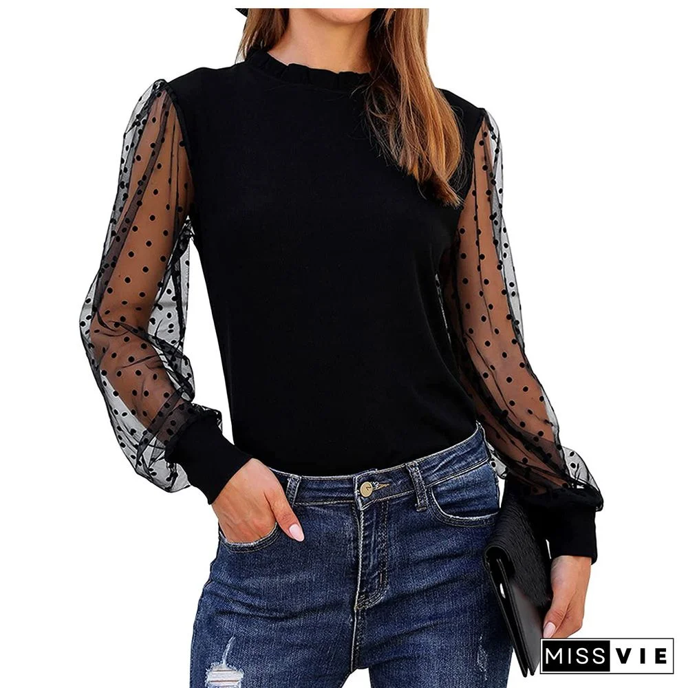 Spring Summer Women Top T Shirt Fashion Casual Black O-neck Lace Long Sleeve Tops Tshirts T-shirt Elegant Tee Shirt Femme