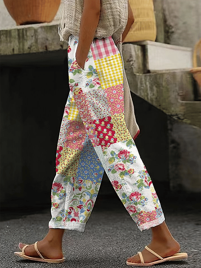 Women's Retro Botanical Floral Splicing Art Print Design Casual Pants 