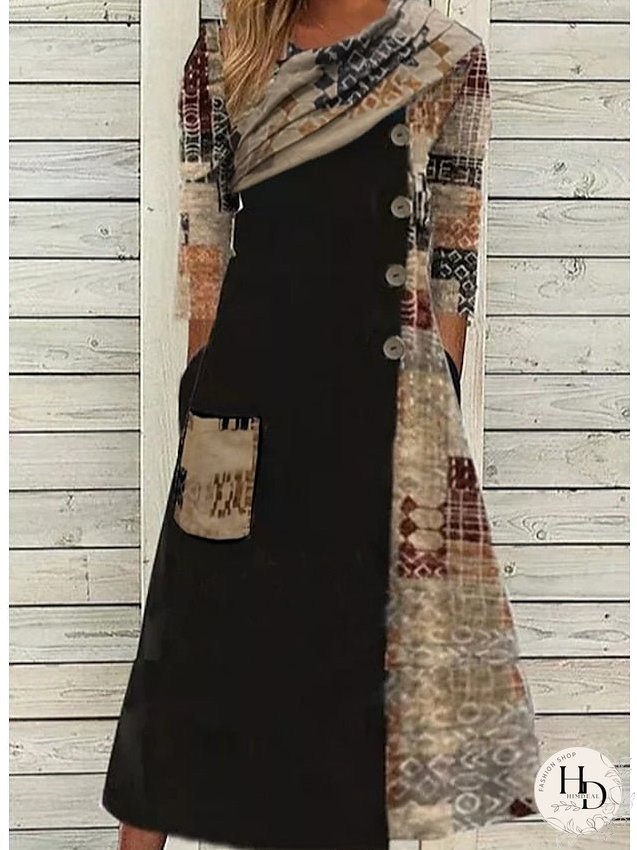 Casual Dress Midi Dress Black 3/4 Length Sleeve Color Block Patchwork Winter Fall Spring Crew Neck Classic Weekend S M L XL 2XL 3XL for Women