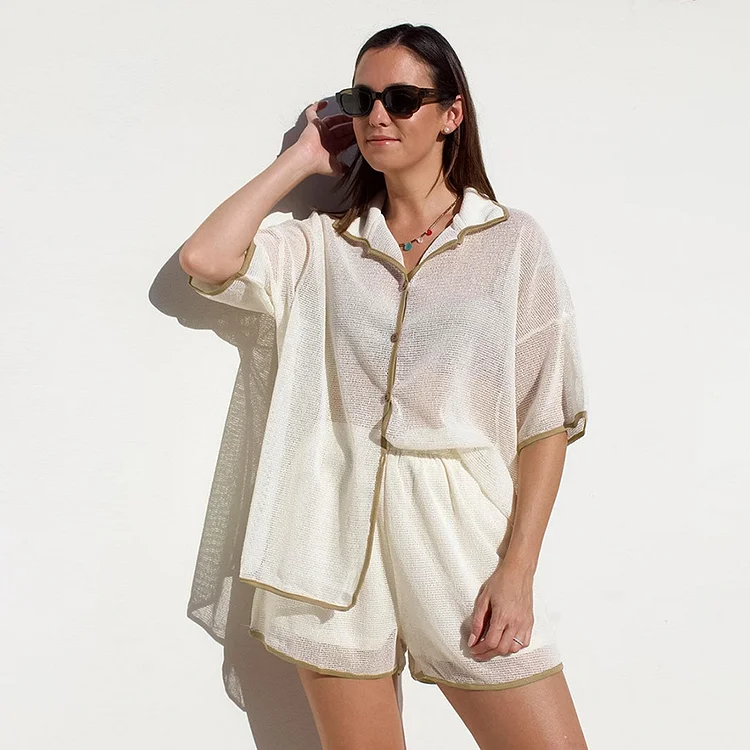 See-through Lapel Short-sleeved Shirt High-waisted Shorts Suit