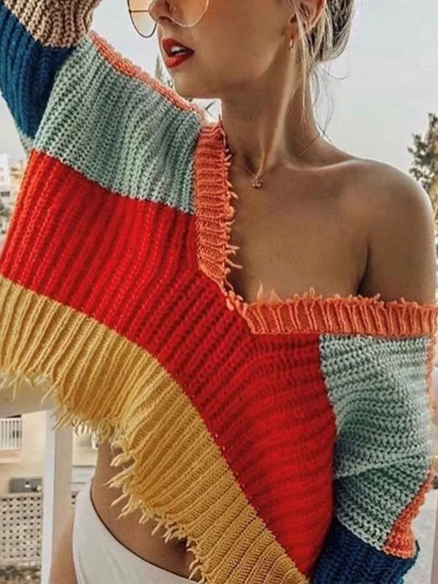 Colorful Irregular Deep V-neck Sweater Can Wear Both Front And Back