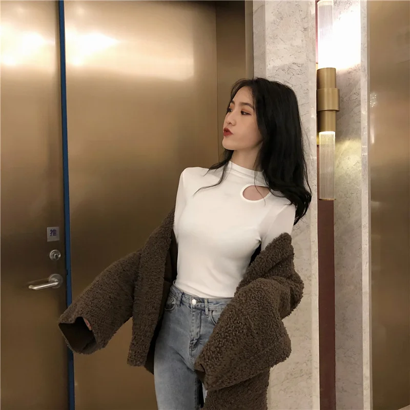 Brownm Brownm Half High Collar Bottom Shirt Female Autumn Winter Foreign Style Inside The Slim Careful Machine Jacket Dew Collarbone Long Sleeve T-Shirt