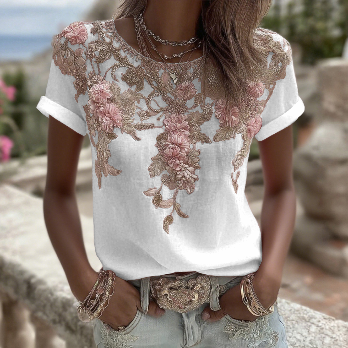 Women's Vintage Pink Rose Embroidery Art Round Neck Short Sleeve Linen Blend T-shirt wearshes