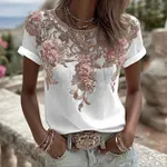 Women's Vintage Pink Rose Embroidery Art Round Neck Short Sleeve Linen Blend T-shirt - Image 3