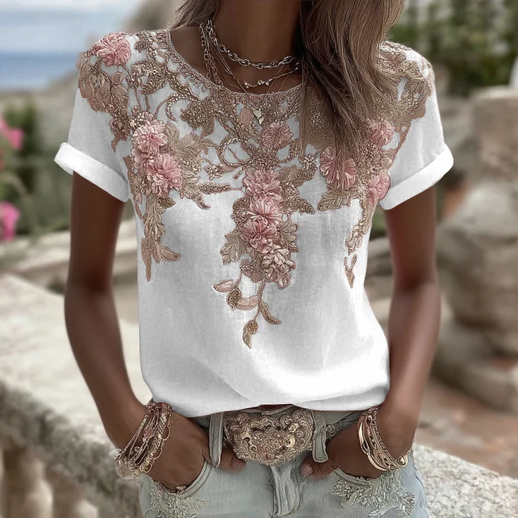 Women's Vintage Pink Rose Embroidery Art Round Neck Short Sleeve Linen Blend T-shirt