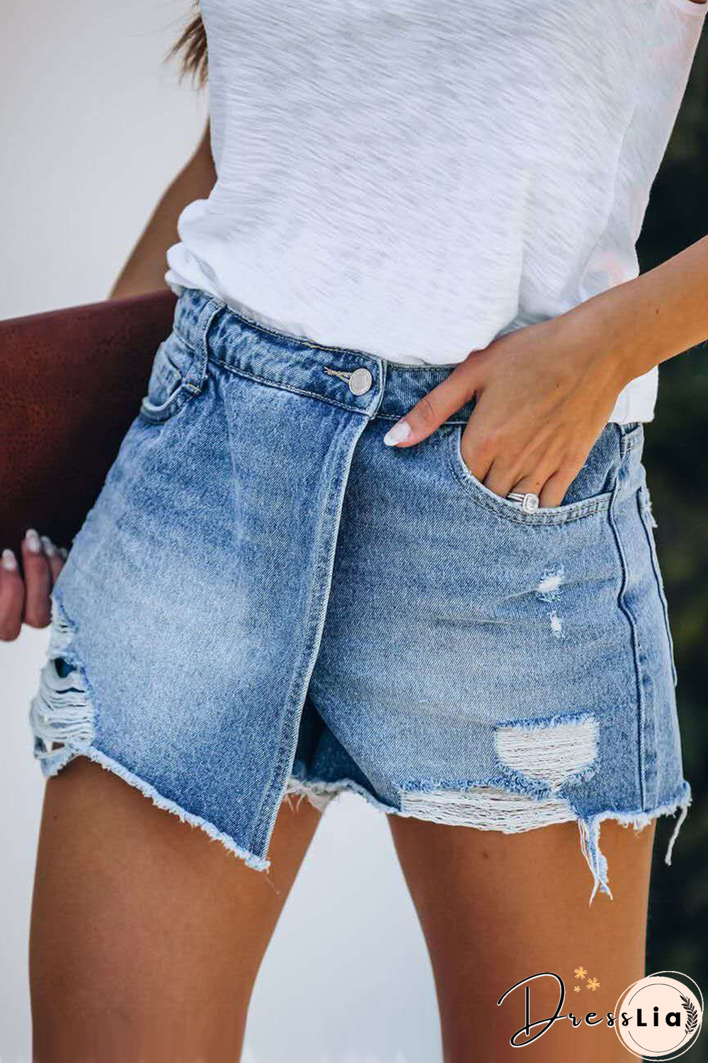 Denim Distressed Mid Wash Casual Shorts