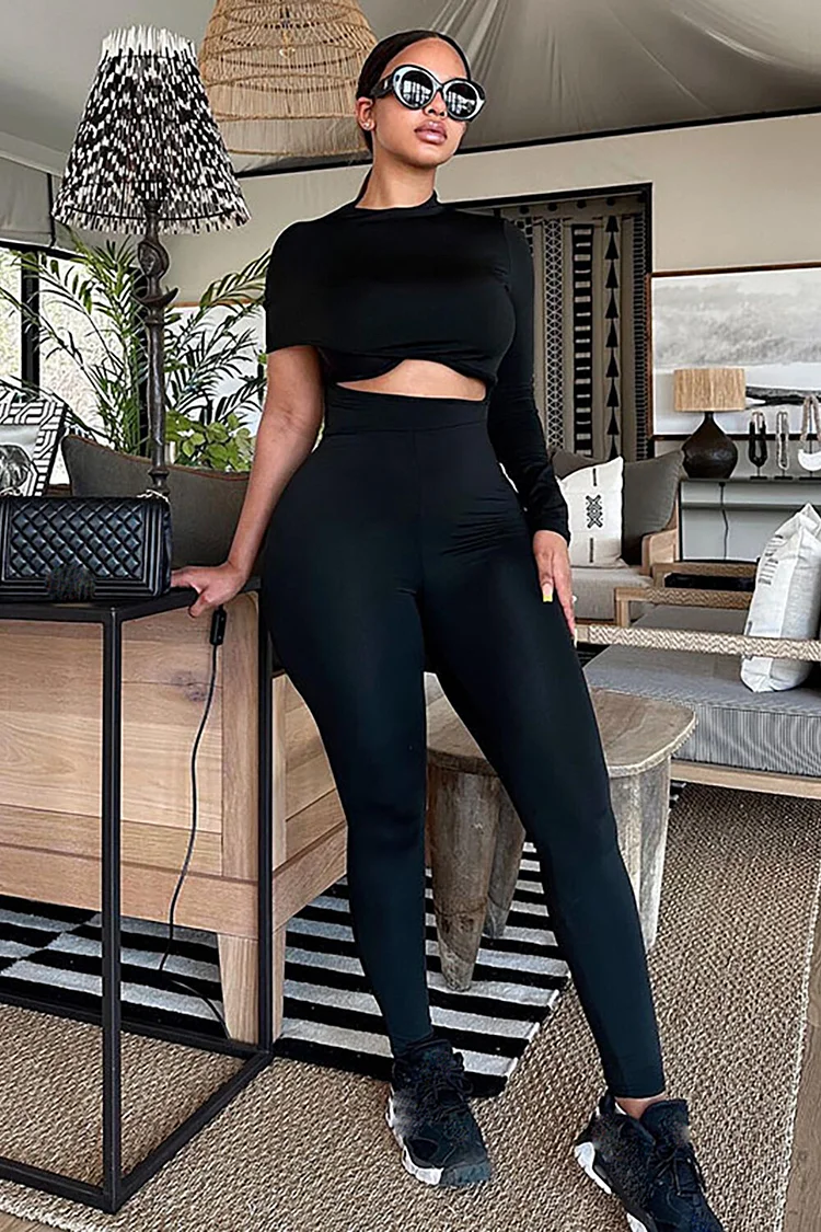 Asymmetrical Sleeve Cutout Solid Color Slim Fit Jumpsuit-Black