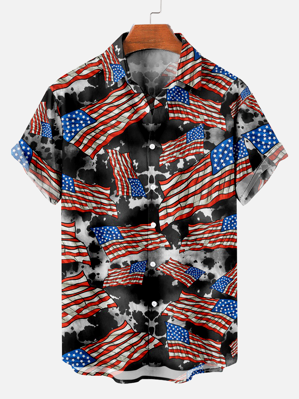 Men's Vintage American Flag Floral Print Short Sleeve Shirt PLUSCLOTHESMAN