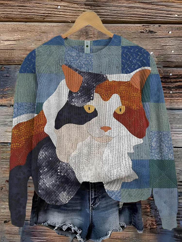 Women's Colorblock Geometric Art Cat Print Knit Sweatshirt