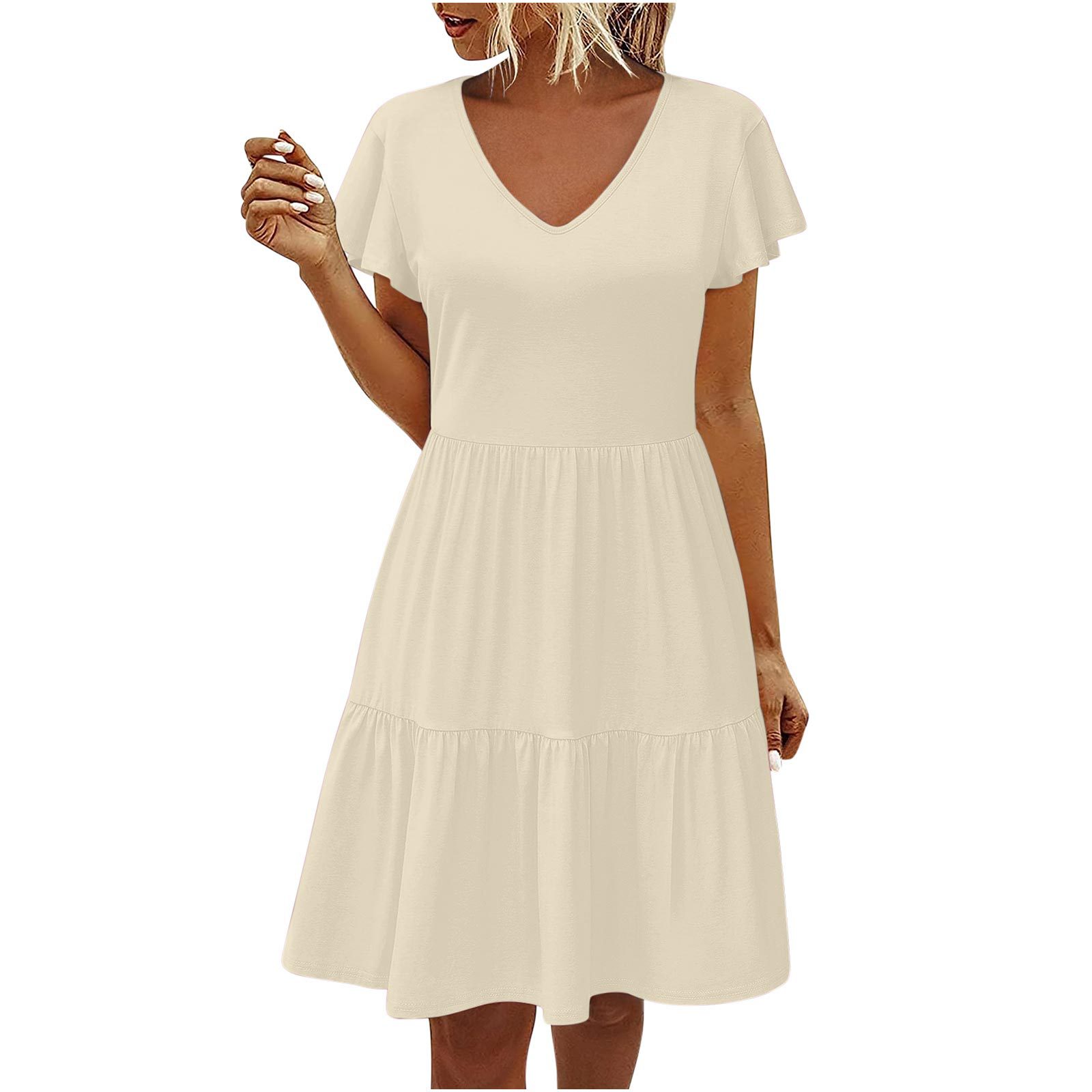 Mature Women Summer Flying Sleeves Pleating Layered Short Sleeve Dress