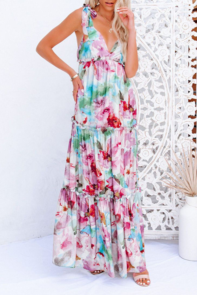 Fashion Elegant Print Split Joint Stringy Selvedge V Neck A Line Dresses