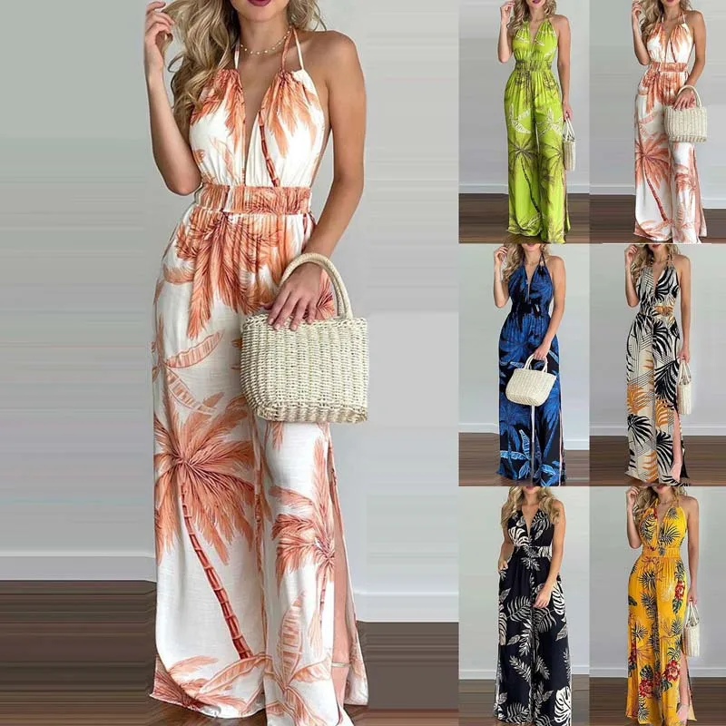 Chic Halter Neck Jumpsuit with Side Slits – Flowy Wide Leg Summer Statement