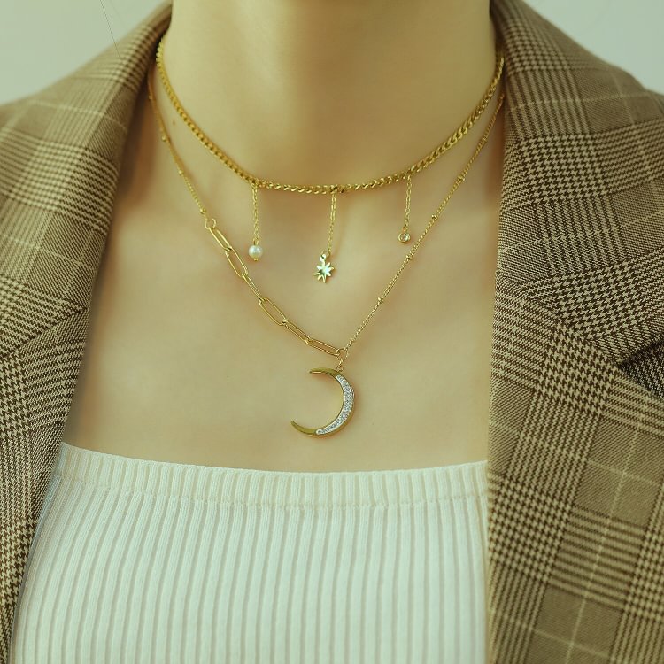Multi-layer Chain Necklace Crystal Moon Gold Star Drop-Mayoulove