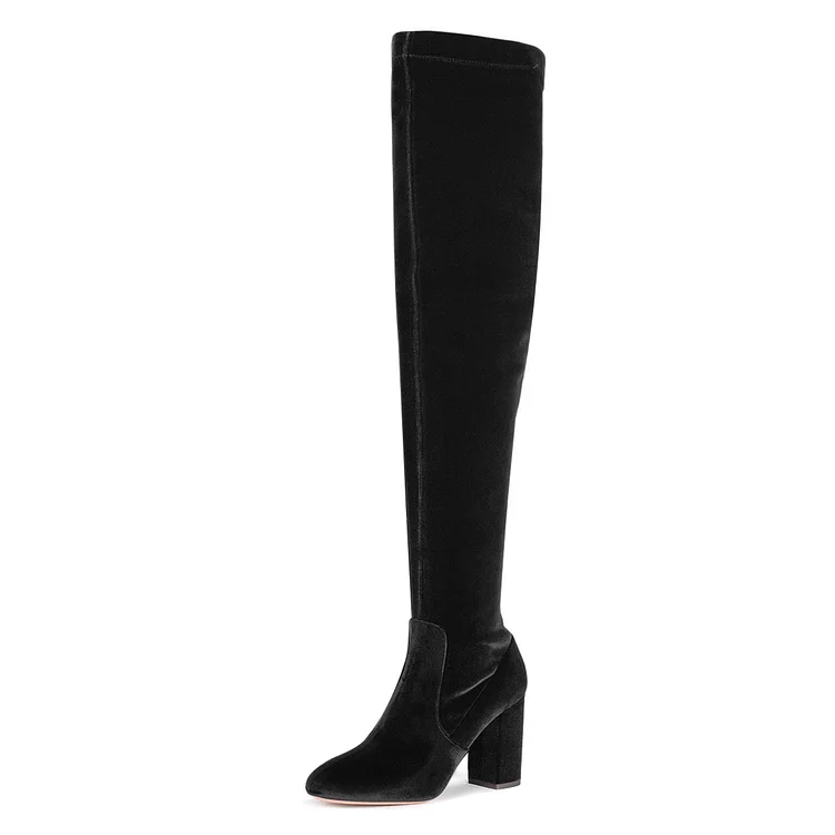 Black Velvet Chunky Heel Boots Over-the-knee Boots |FSJ Shoes