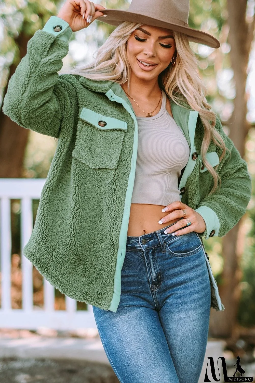 MidiSono - Flap Pocket Button Up Fleece Jacket