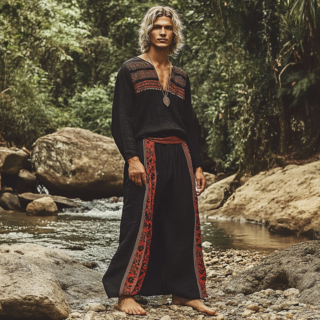 Men's Bohemian Holiday Style Vintage Ethnic Totem Printed Cotton And Linen Casual Tops-inspireuse