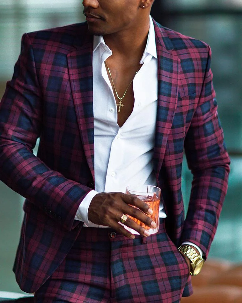 Men's Casual Red and Blue Plaid Blazer