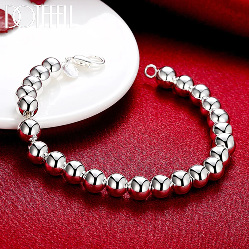 DOTEFFIL 925 Sterling Silver 8mm Smooth Beads Ball Bracelet For Women Jewelry