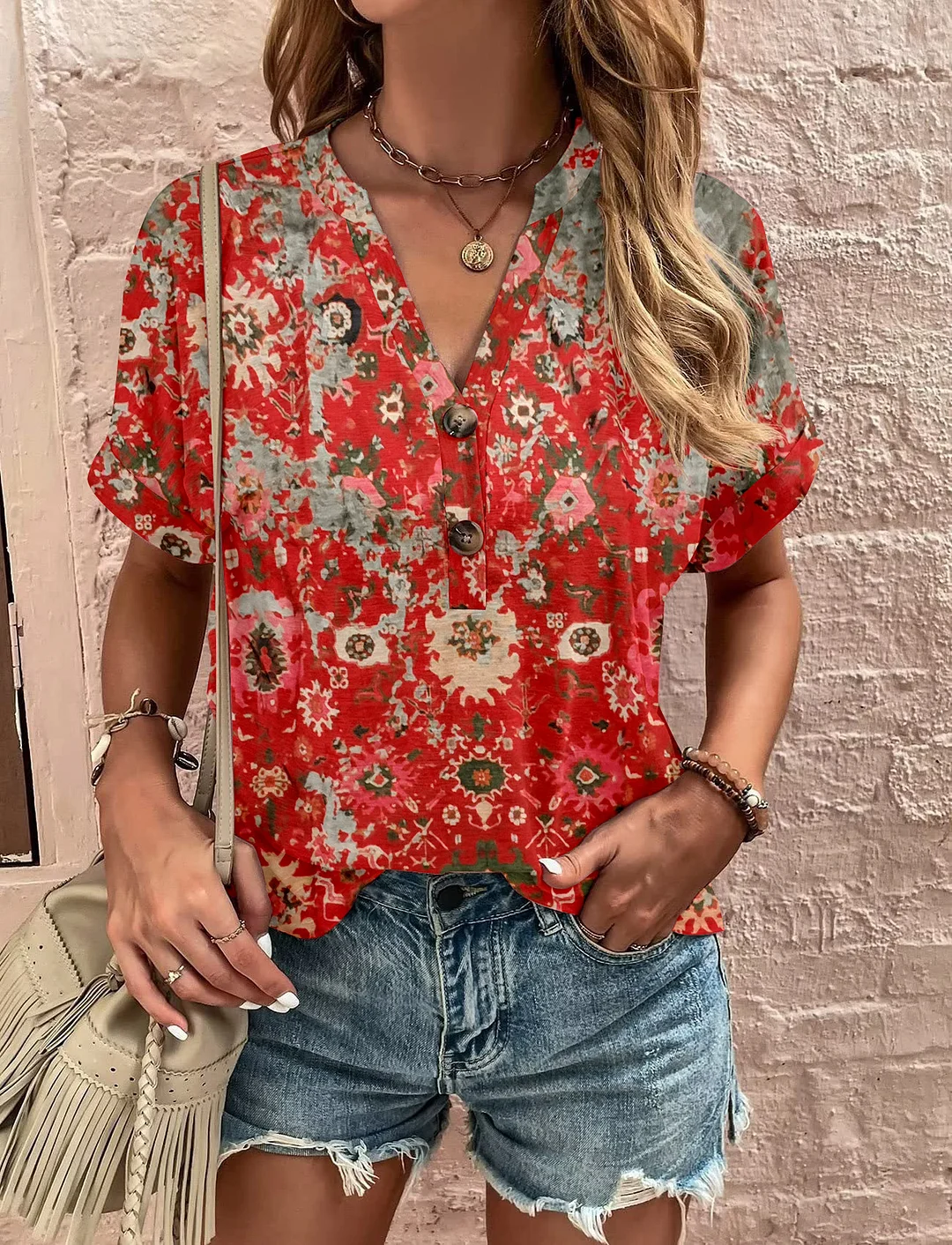 Women's Printed Button Fashion Short Sleeve