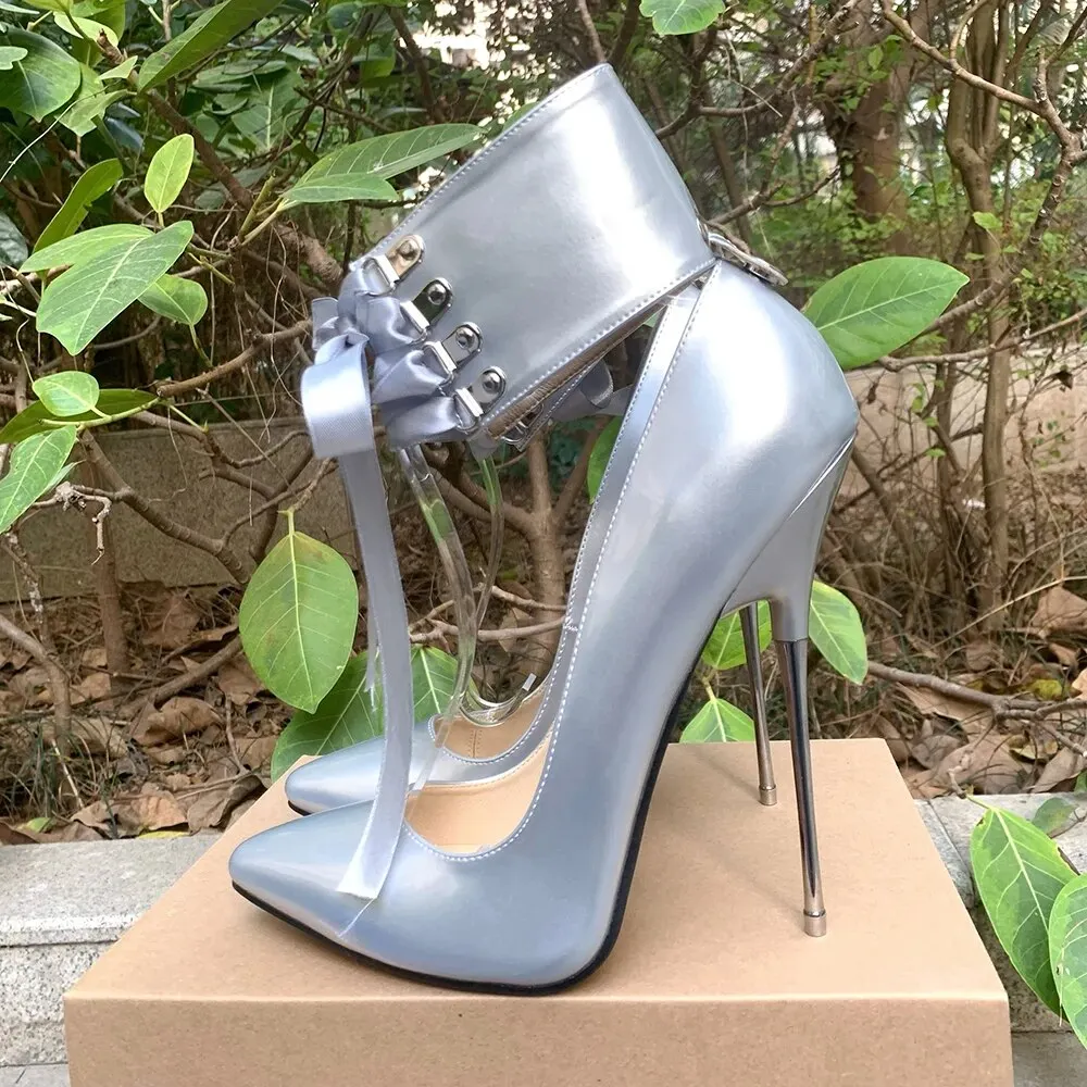 VCshoes Riband Ankle Strap 16cm Pumps Extreme High Heels Lace Up Fetish Silver Cosplay Drag Queen Unisex Shoes
