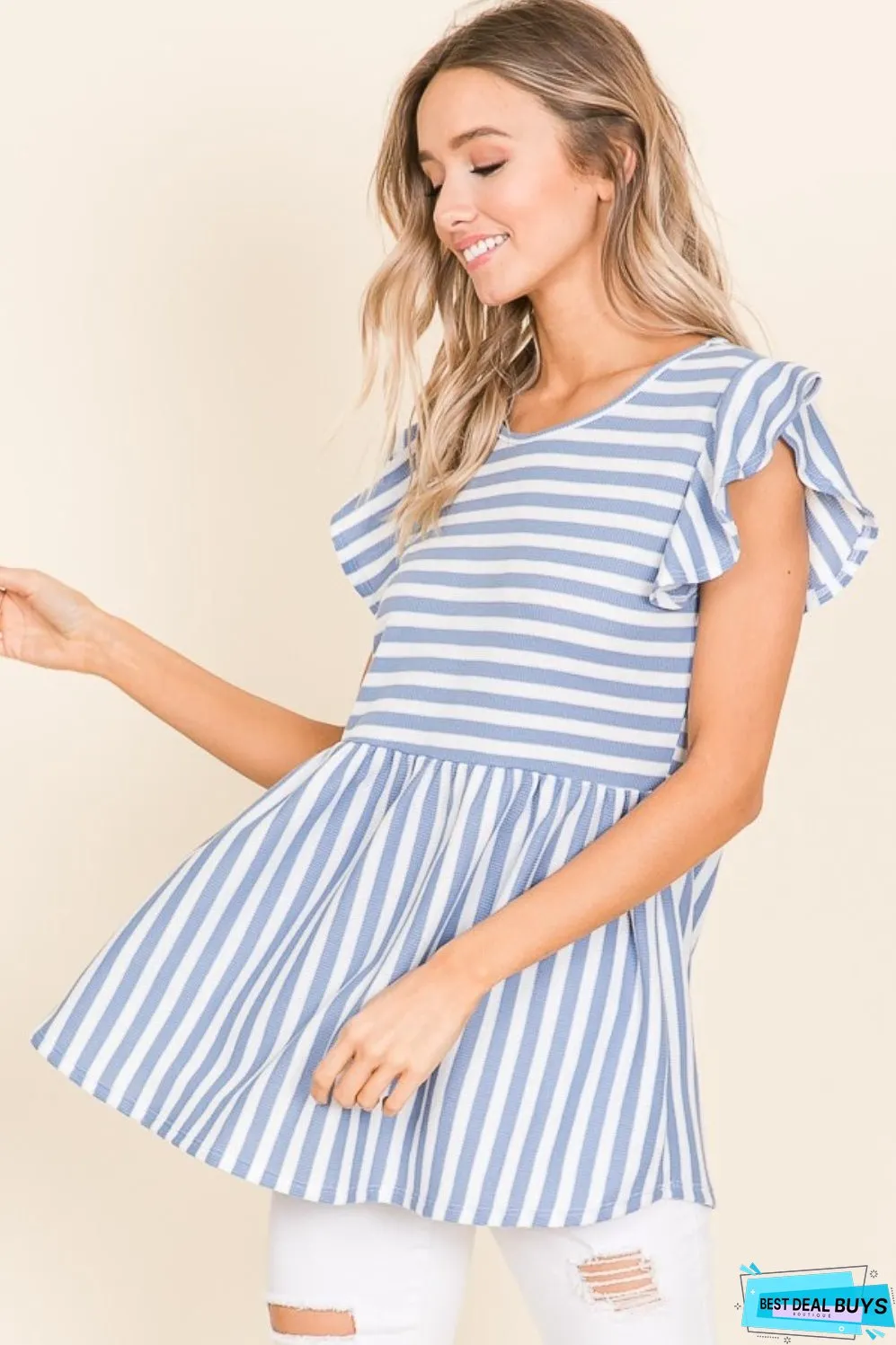 BOMBOM Striped Round Neck Blouse